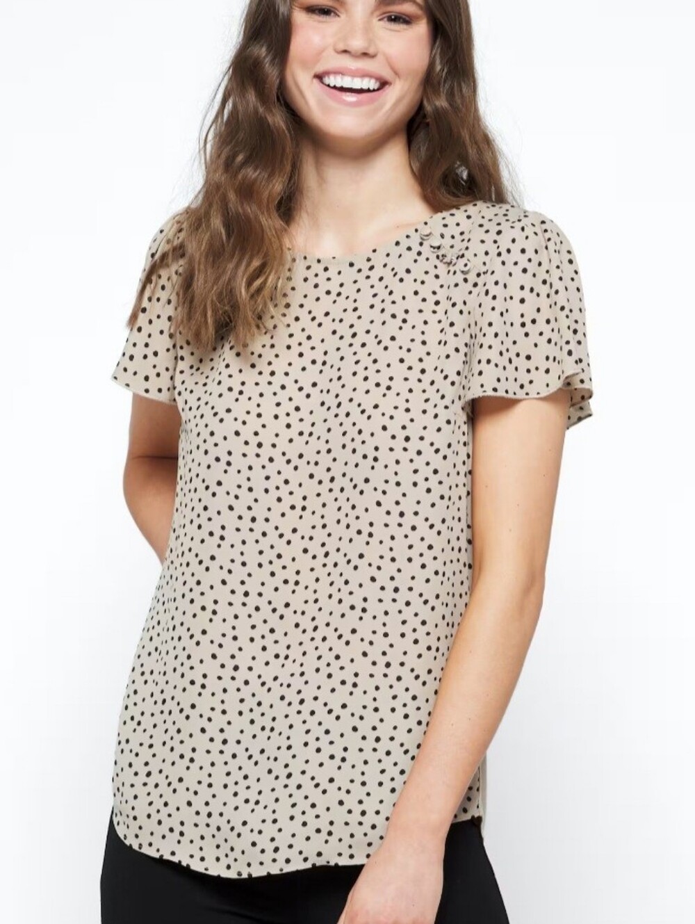 Beige Polka Dot Flutter Sleeve Blouse